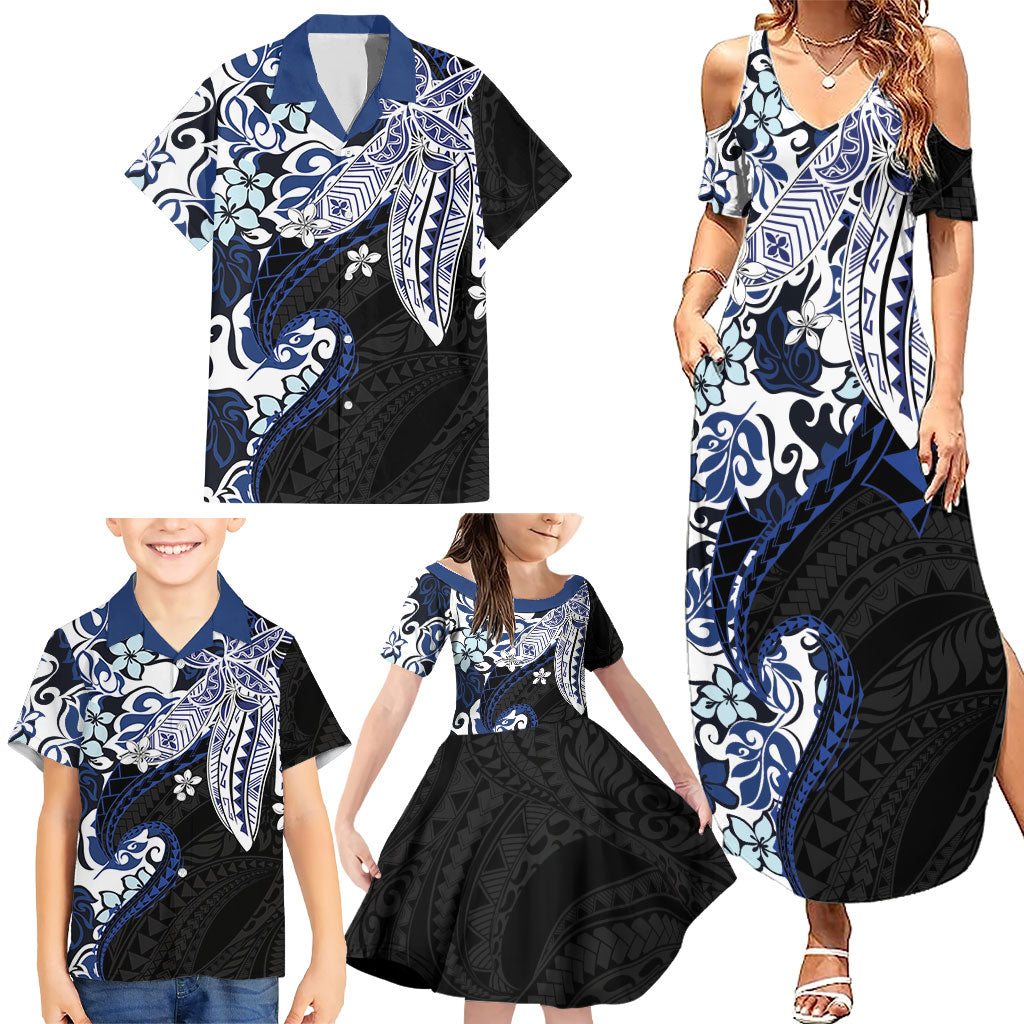 Monstera Plumeria Flowers Blue Family Matching Summer Maxi Dress and Hawaiian Shirt Polynesian Pattern LT01 - Polynesian Pride
