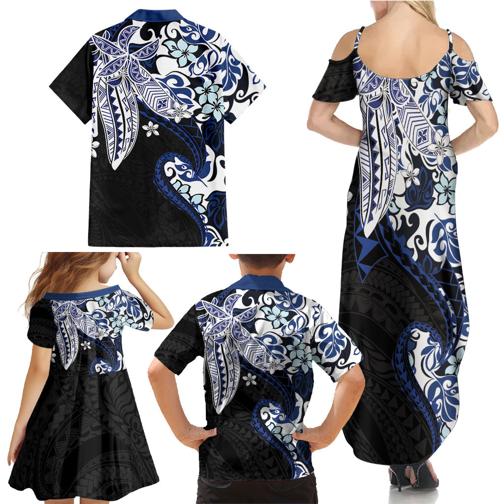 Monstera Plumeria Flowers Blue Family Matching Summer Maxi Dress and Hawaiian Shirt Polynesian Pattern LT01 - Polynesian Pride