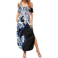 Monstera Plumeria Flowers Blue Family Matching Summer Maxi Dress and Hawaiian Shirt Polynesian Pattern LT01 Mom's Dress Blue - Polynesian Pride