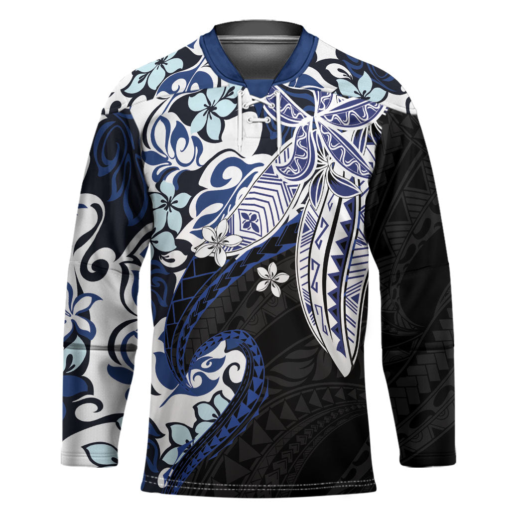 Monstera Plumeria Flowers Blue Hockey Jersey Polynesian Pattern LT01 Unisex Blue - Polynesian Pride