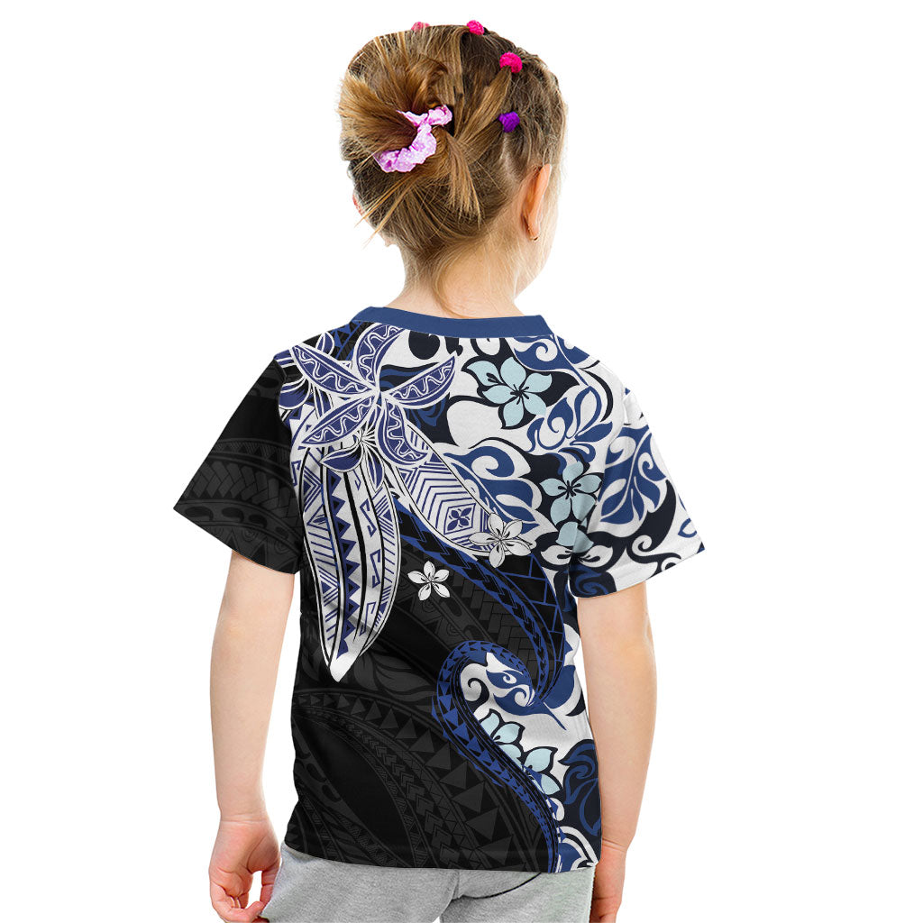 Monstera Plumeria Flowers Blue Kid T Shirt Polynesian Pattern