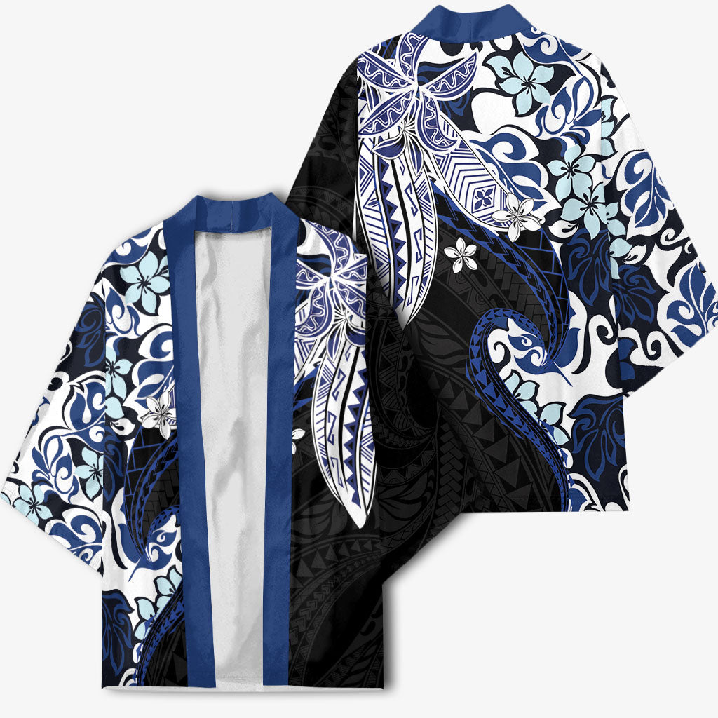 Monstera Plumeria Flowers Blue Kimono Polynesian Pattern LT01 - Polynesian Pride