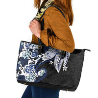 Monstera Plumeria Flowers Blue Leather Tote Bag Polynesian Pattern LT01 Blue - Polynesian Pride