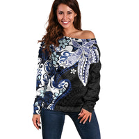 Monstera Plumeria Flowers Blue Off Shoulder Sweater Polynesian Pattern
