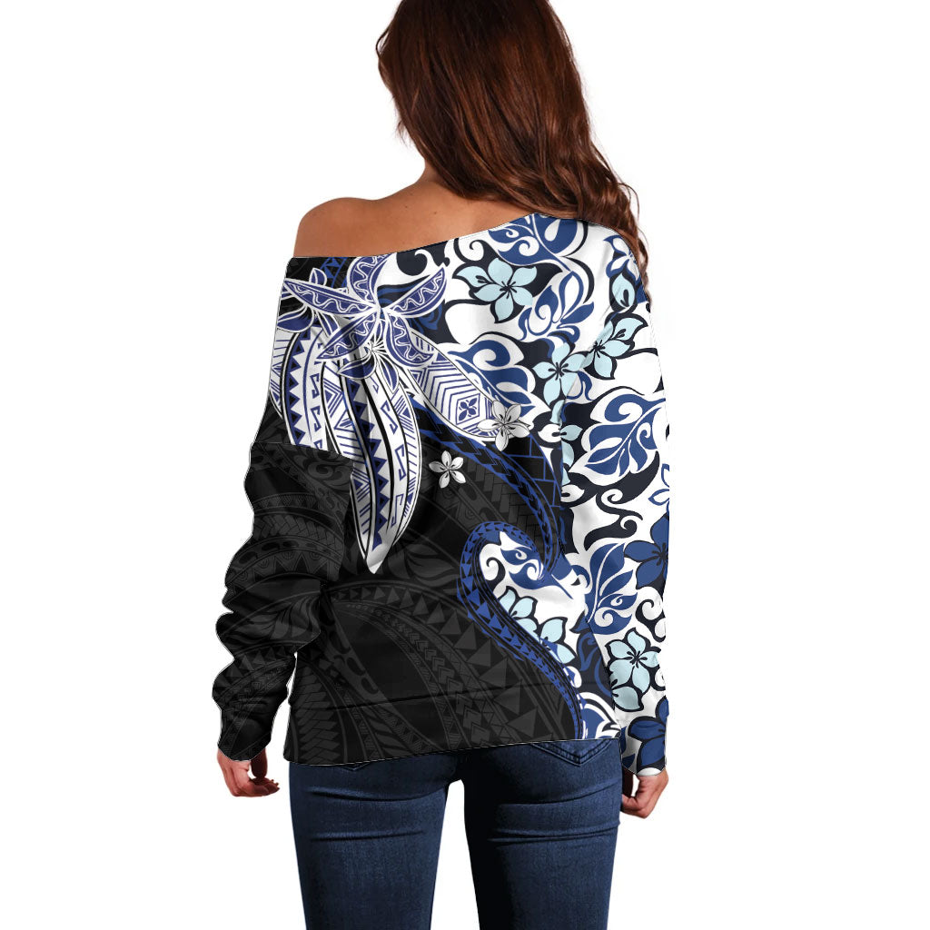 Monstera Plumeria Flowers Blue Off Shoulder Sweater Polynesian Pattern
