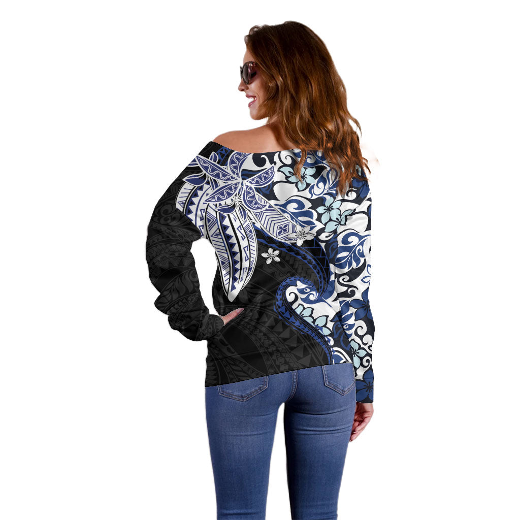 Monstera Plumeria Flowers Blue Off Shoulder Sweater Polynesian Pattern