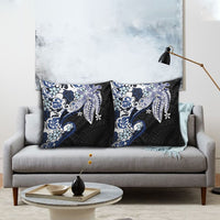 Monstera Plumeria Flowers Blue Pillow Cover Polynesian Pattern