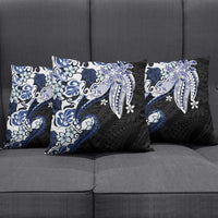 Monstera Plumeria Flowers Blue Pillow Cover Polynesian Pattern