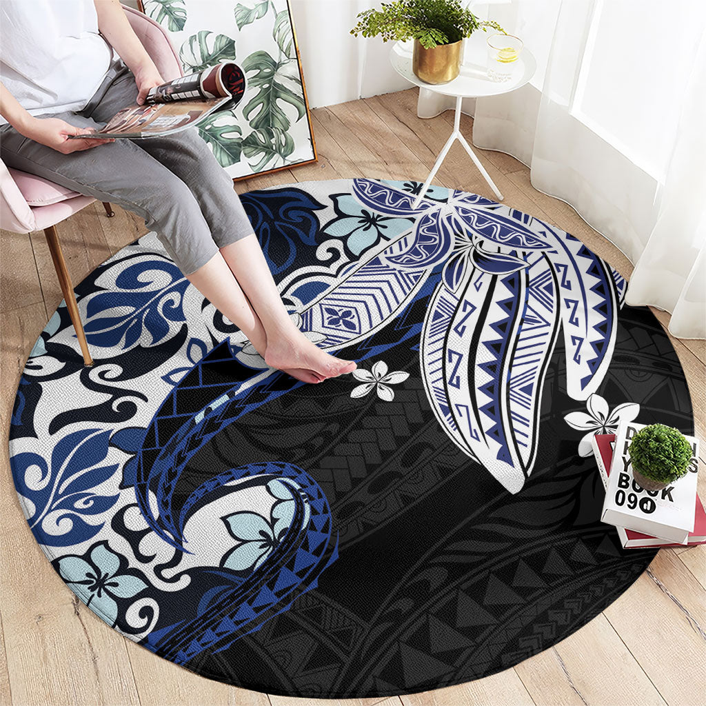 Monstera Plumeria Flowers Blue Round Carpet Polynesian Pattern