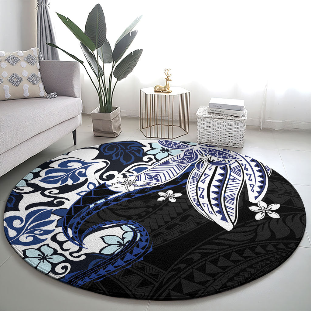 Monstera Plumeria Flowers Blue Round Carpet Polynesian Pattern