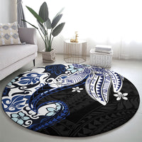Monstera Plumeria Flowers Blue Round Carpet Polynesian Pattern