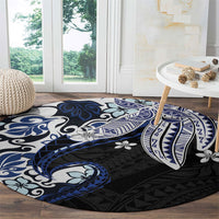 Monstera Plumeria Flowers Blue Round Carpet Polynesian Pattern