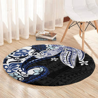 Monstera Plumeria Flowers Blue Round Carpet Polynesian Pattern