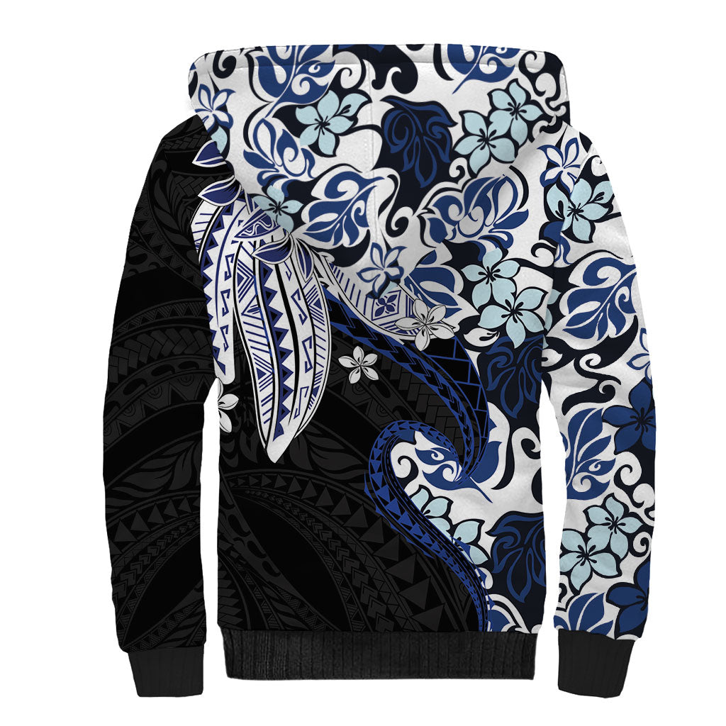 Monstera Plumeria Flowers Blue Sherpa Hoodie Polynesian Pattern