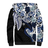 Monstera Plumeria Flowers Blue Sherpa Hoodie Polynesian Pattern