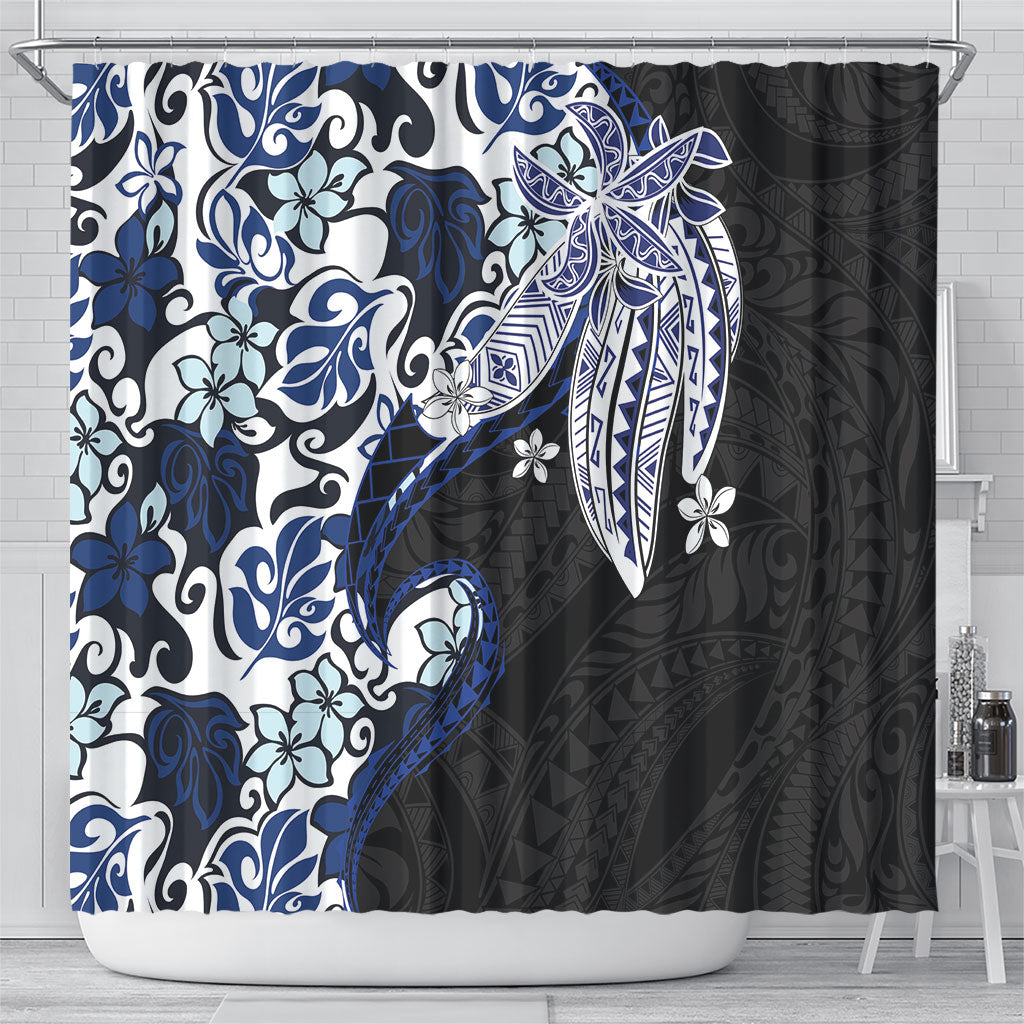 Monstera Plumeria Flowers Blue Shower Curtain Polynesian Pattern