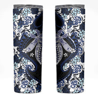 Monstera Plumeria Flowers Blue Skinny Tumbler Polynesian Pattern
