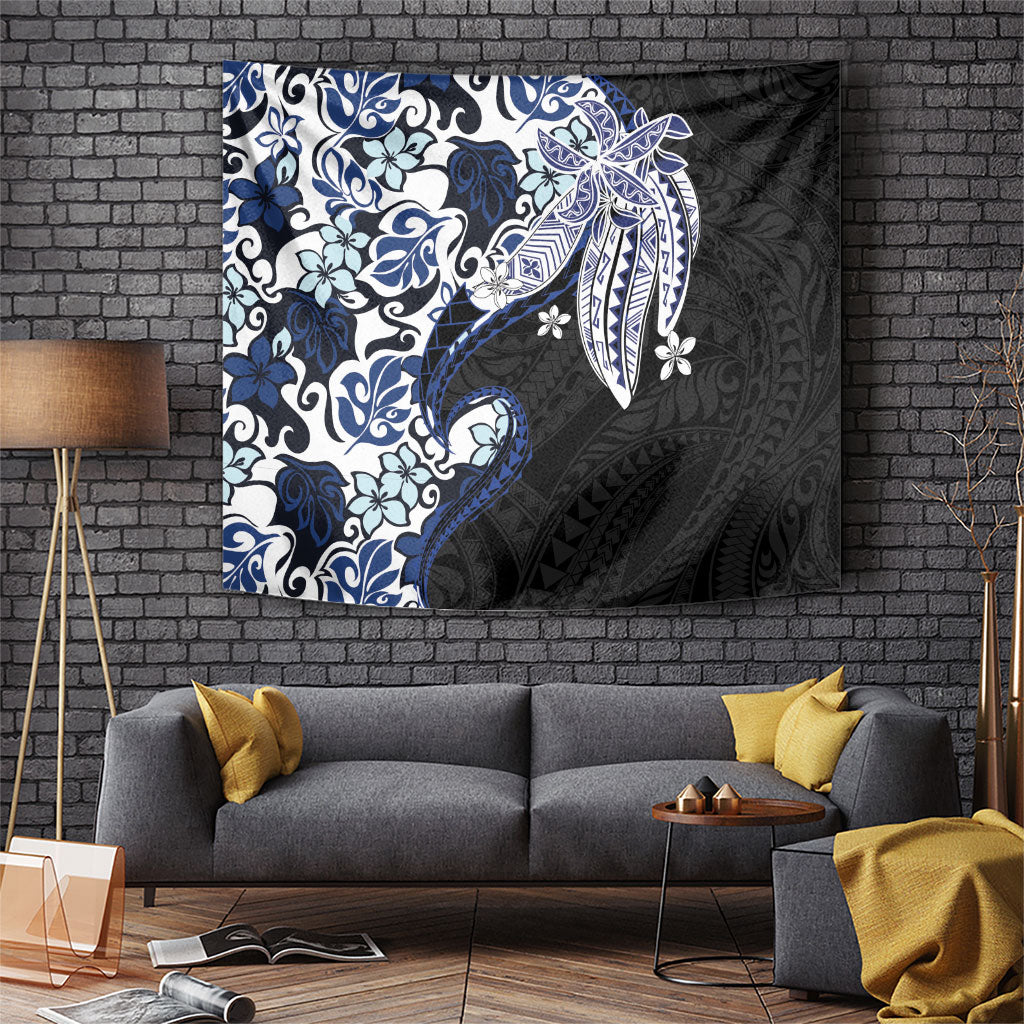 Monstera Plumeria Flowers Blue Tapestry Polynesian Pattern