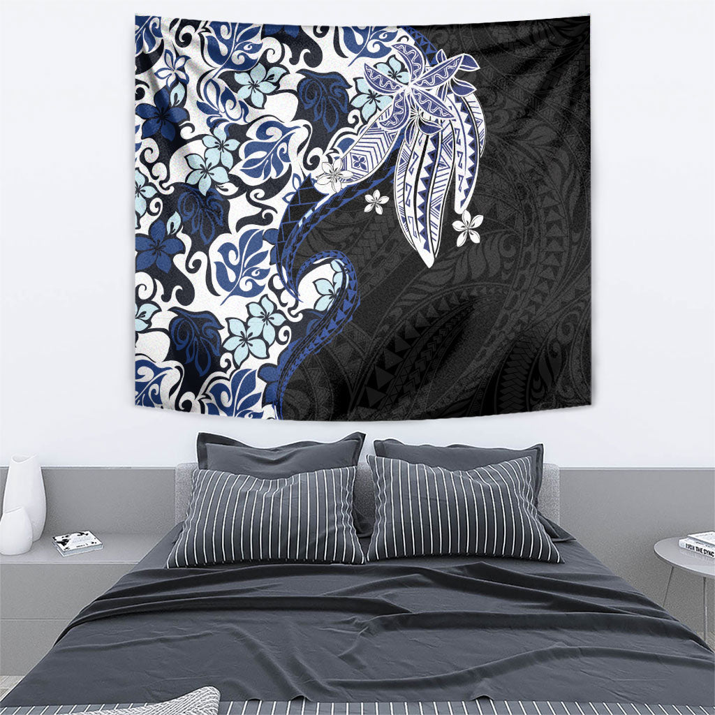 Monstera Plumeria Flowers Blue Tapestry Polynesian Pattern