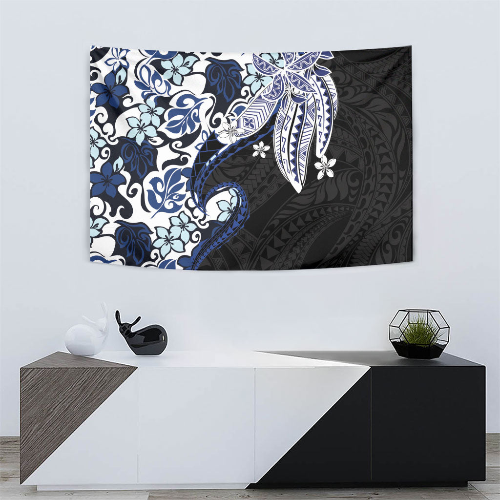 Monstera Plumeria Flowers Blue Tapestry Polynesian Pattern