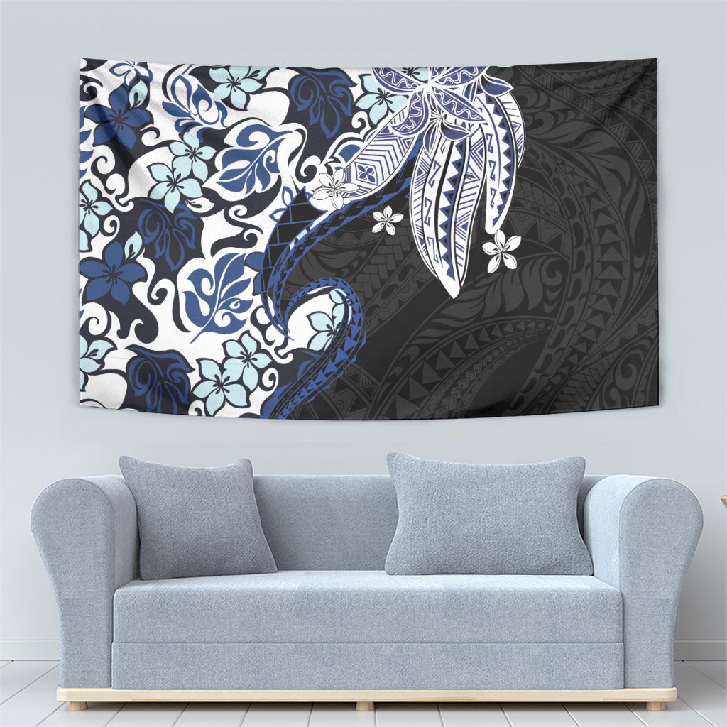 Monstera Plumeria Flowers Blue Tapestry Polynesian Pattern