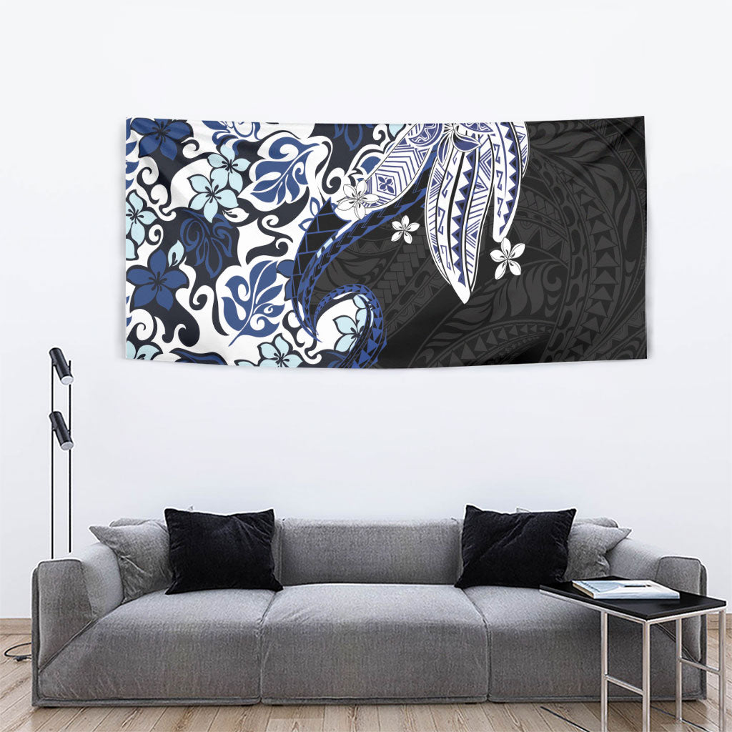Monstera Plumeria Flowers Blue Tapestry Polynesian Pattern