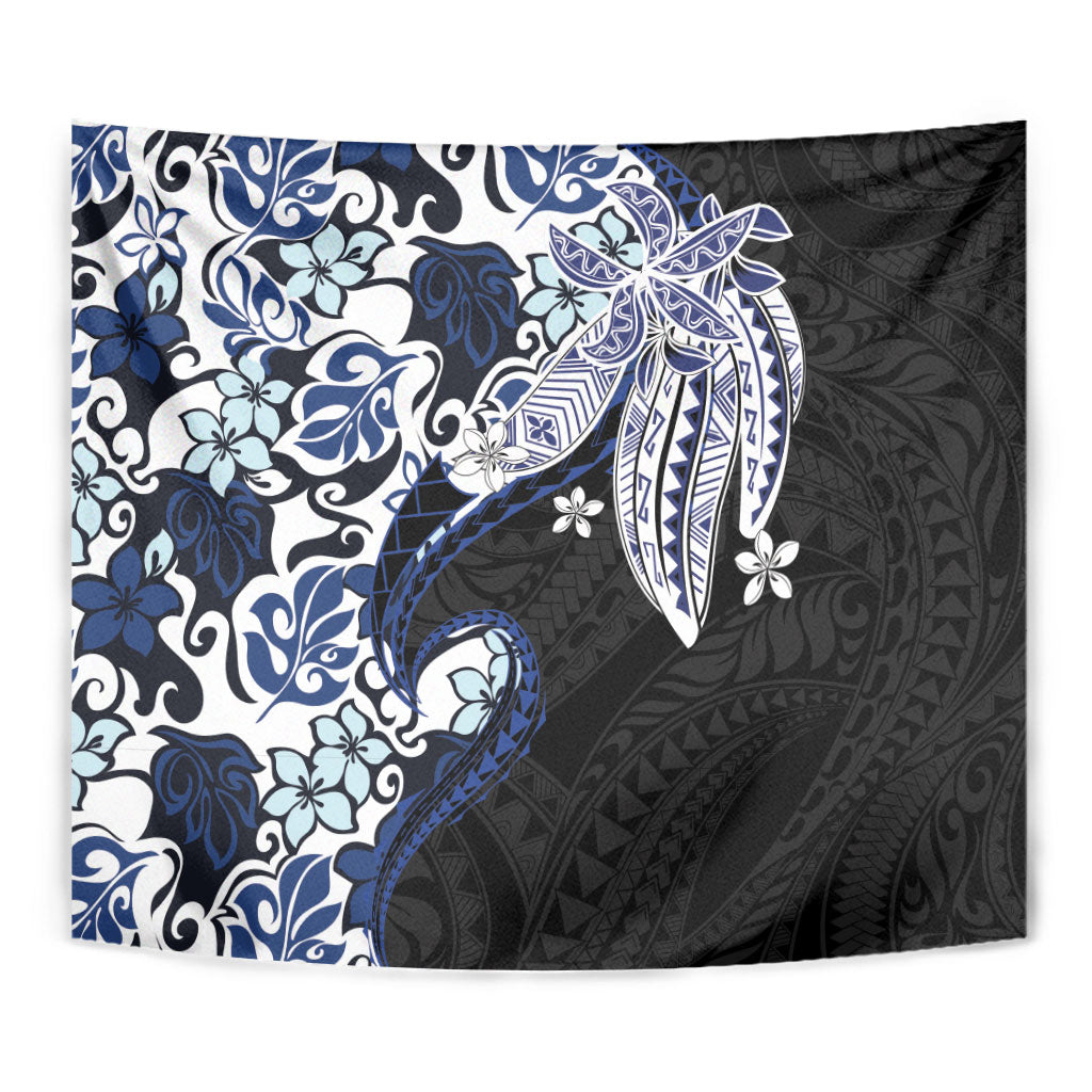 Monstera Plumeria Flowers Blue Tapestry Polynesian Pattern