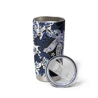 Monstera Plumeria Flowers Blue Tumbler Cup Polynesian Pattern