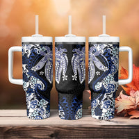 Monstera Plumeria Flowers Blue Tumbler With Handle Polynesian Pattern