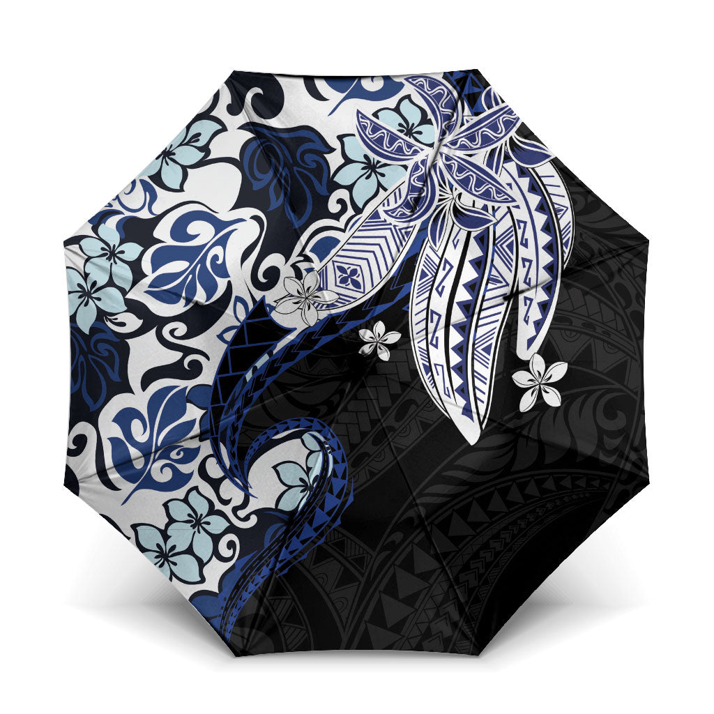 Monstera Plumeria Flowers Blue Umbrella Polynesian Pattern LT01 One Size Folded 11.42 inch Opened Diameter 37.4 inch Blue - Polynesian Pride