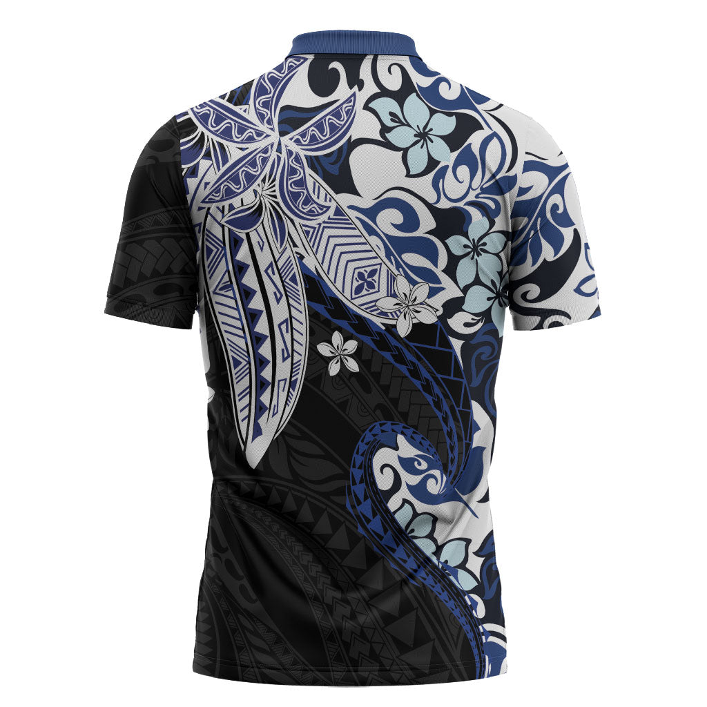 Monstera Plumeria Flowers Blue Zipper Polo Shirt Polynesian Pattern LT01 - Polynesian Pride