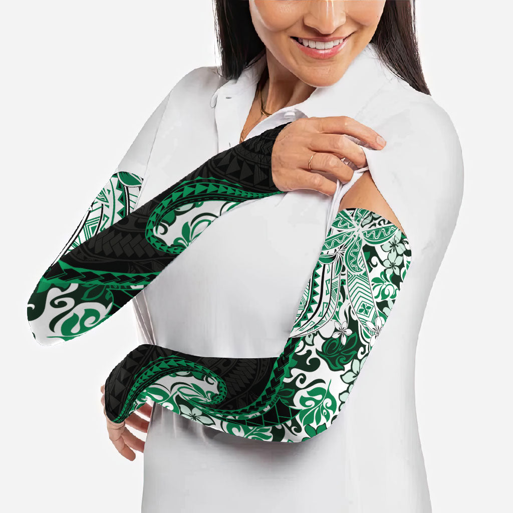 Monstera Plumeria Flowers Green Arm Sleeves Polynesian Pattern