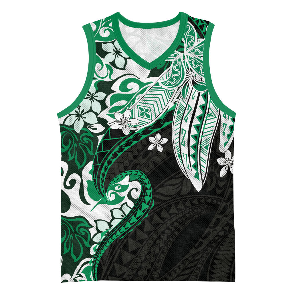 Monstera Plumeria Flowers Green Basketball Jersey Polynesian Pattern LT01 Unisex Green - Polynesian Pride