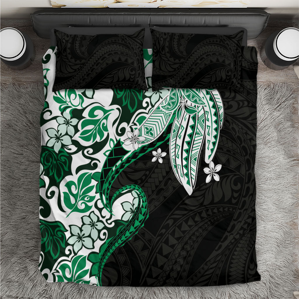 Monstera Plumeria Flowers Green Bedding Set Polynesian Pattern
