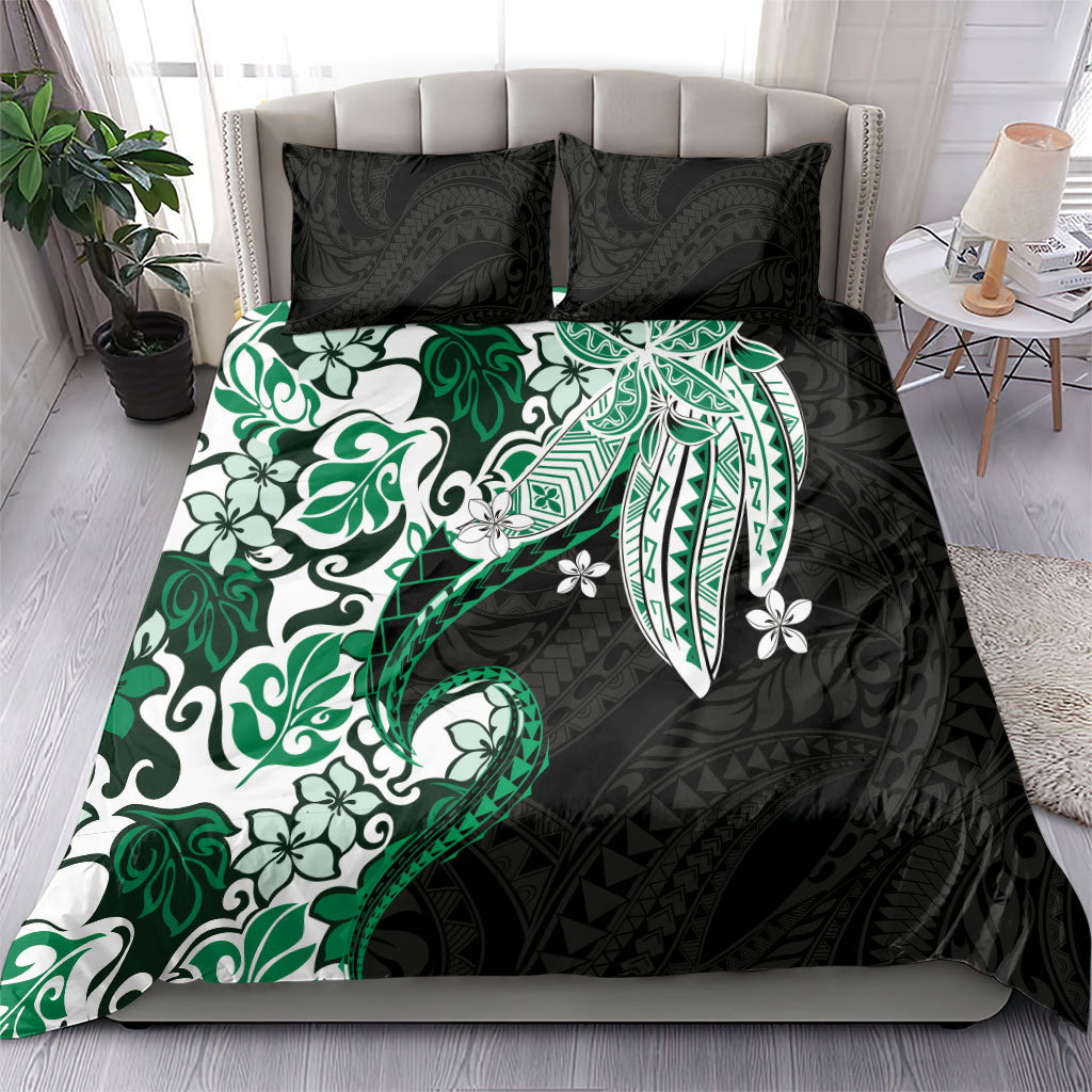 Monstera Plumeria Flowers Green Bedding Set Polynesian Pattern