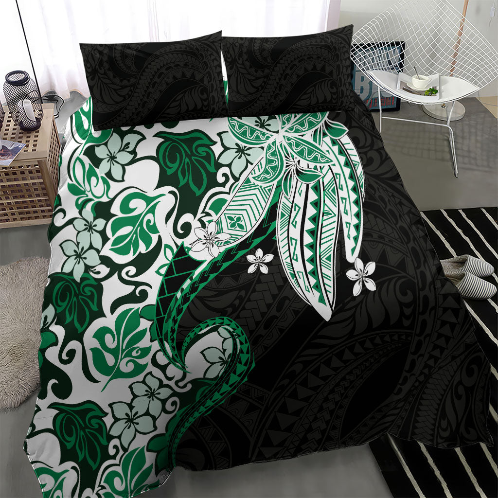 Monstera Plumeria Flowers Green Bedding Set Polynesian Pattern