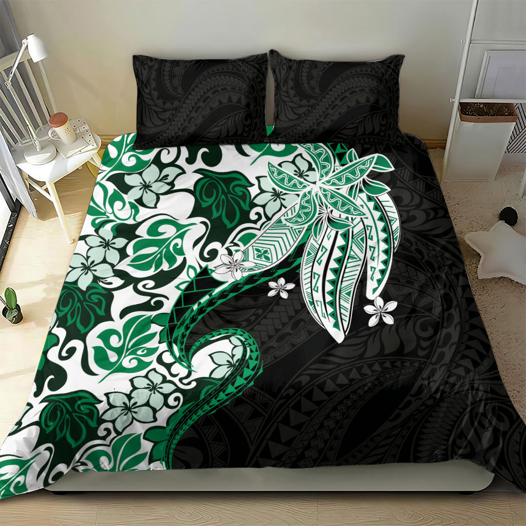 Monstera Plumeria Flowers Green Bedding Set Polynesian Pattern