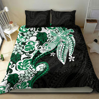 Monstera Plumeria Flowers Green Bedding Set Polynesian Pattern