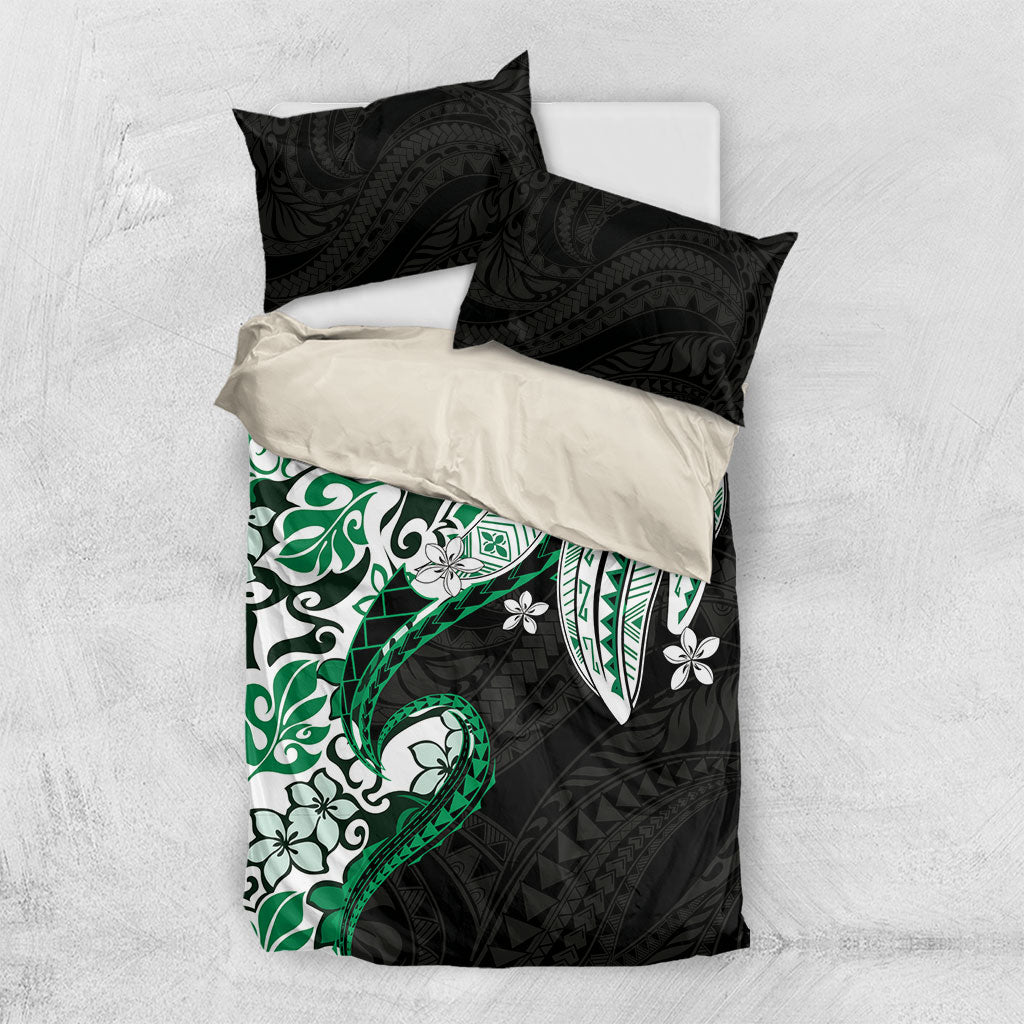 Monstera Plumeria Flowers Green Bedding Set Polynesian Pattern
