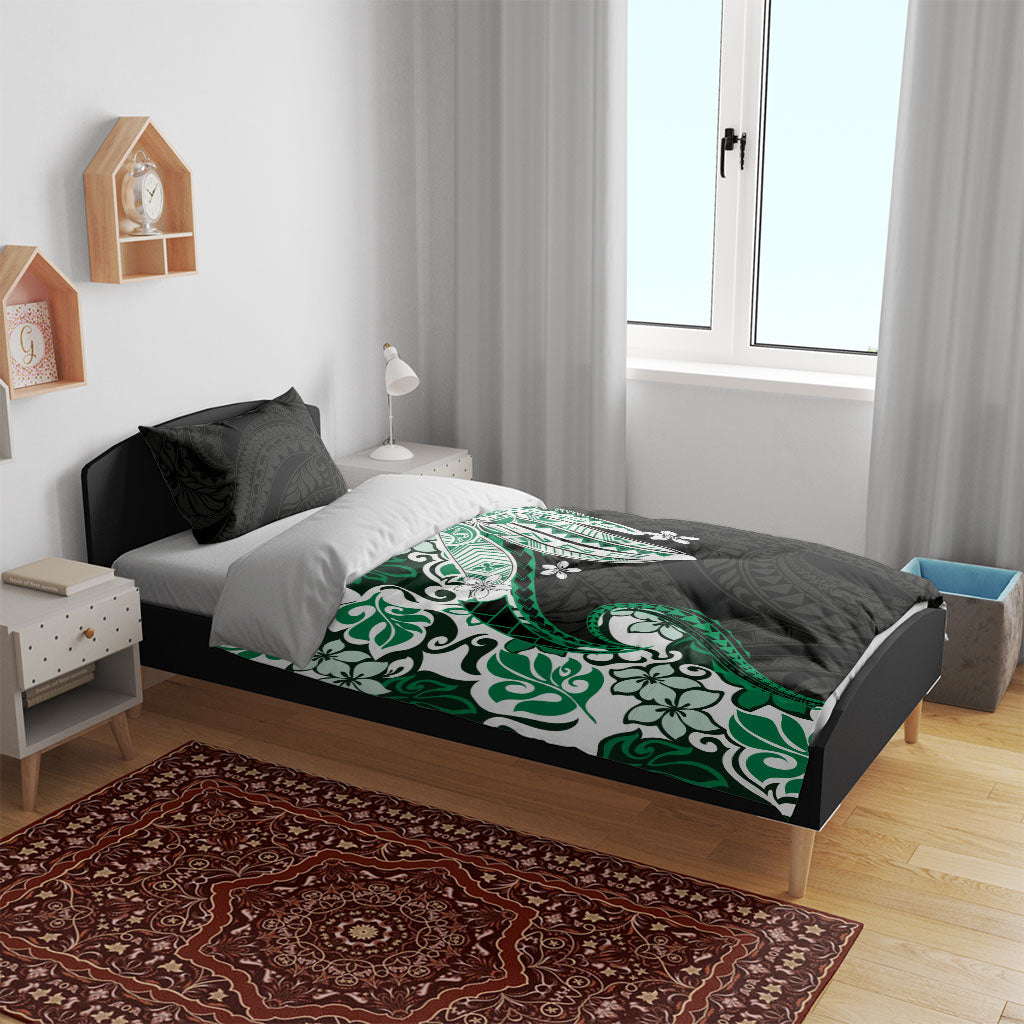 Monstera Plumeria Flowers Green Bedding Set Polynesian Pattern