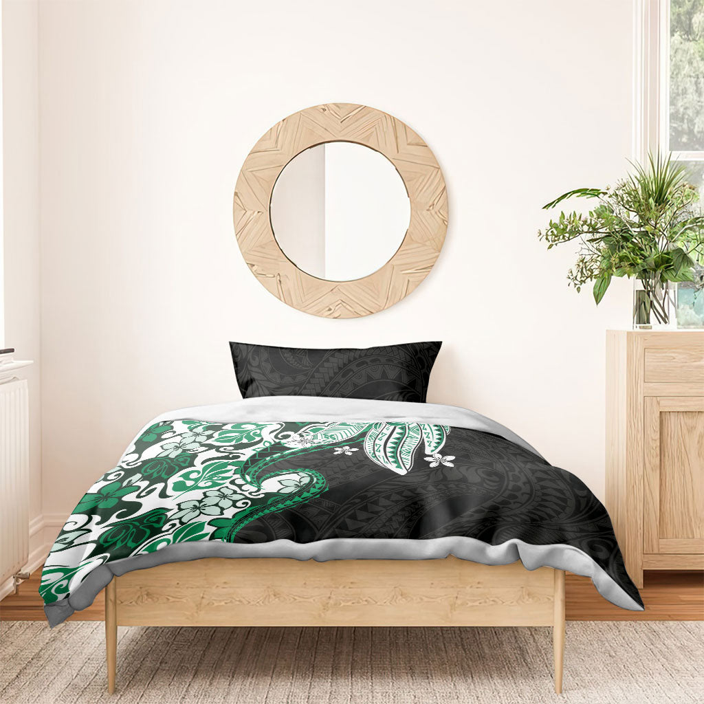 Monstera Plumeria Flowers Green Bedding Set Polynesian Pattern