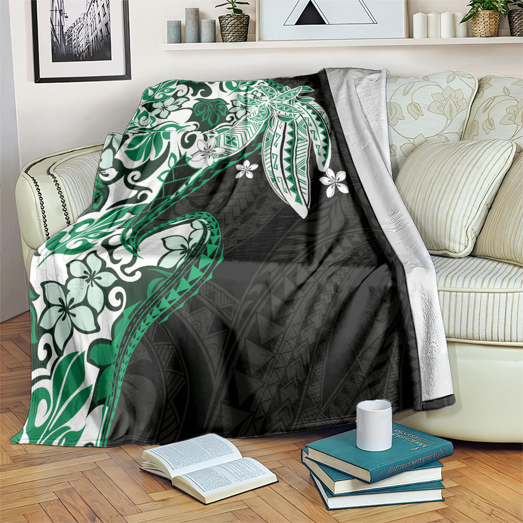 Monstera Plumeria Flowers Green Blanket Polynesian Pattern