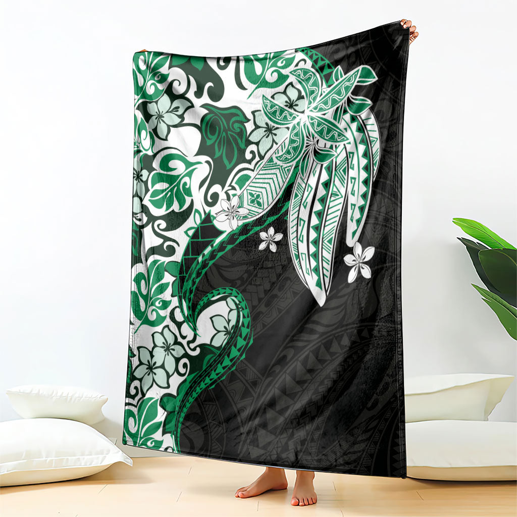 Monstera Plumeria Flowers Green Blanket Polynesian Pattern