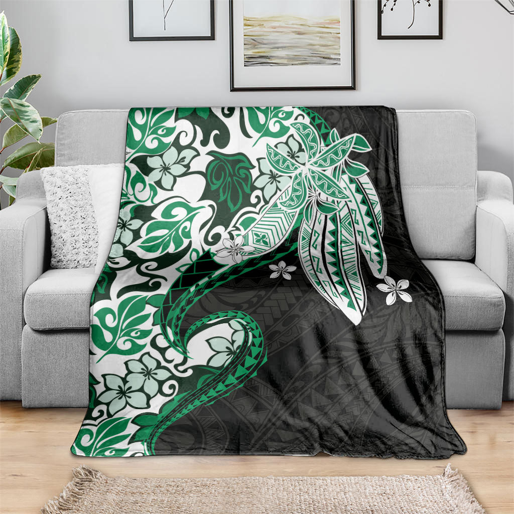 Monstera Plumeria Flowers Green Blanket Polynesian Pattern