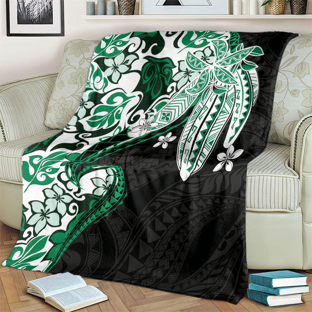 Monstera Plumeria Flowers Green Blanket Polynesian Pattern