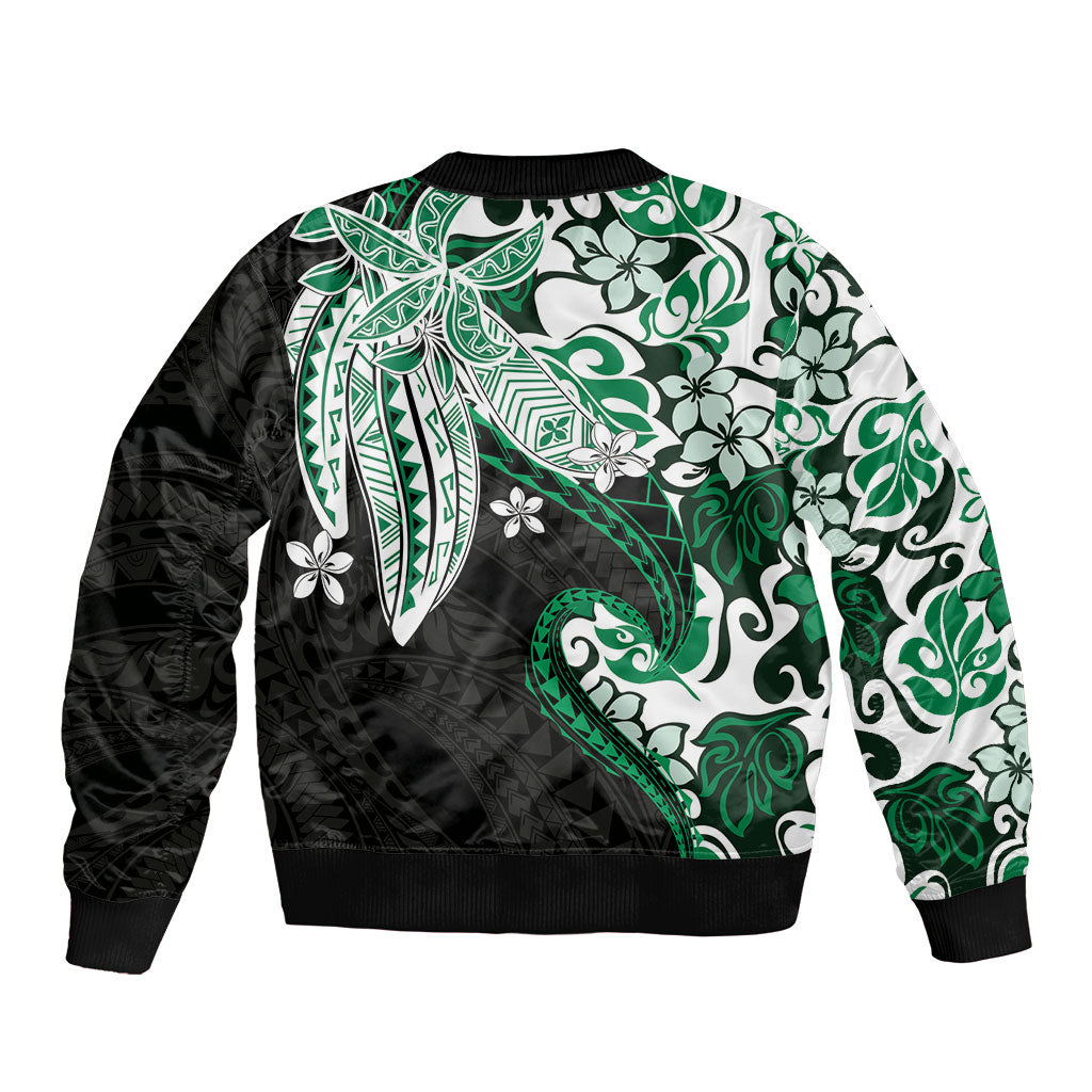 Monstera Plumeria Flowers Green Bomber Jacket Polynesian Pattern LT01 - Polynesian Pride