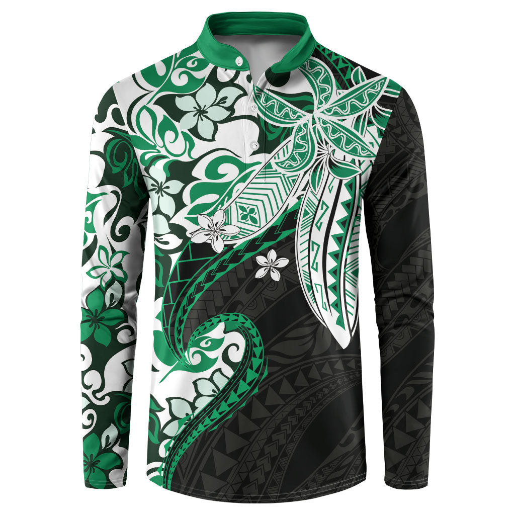 Monstera Plumeria Flowers Green Button Sweatshirt Polynesian Pattern