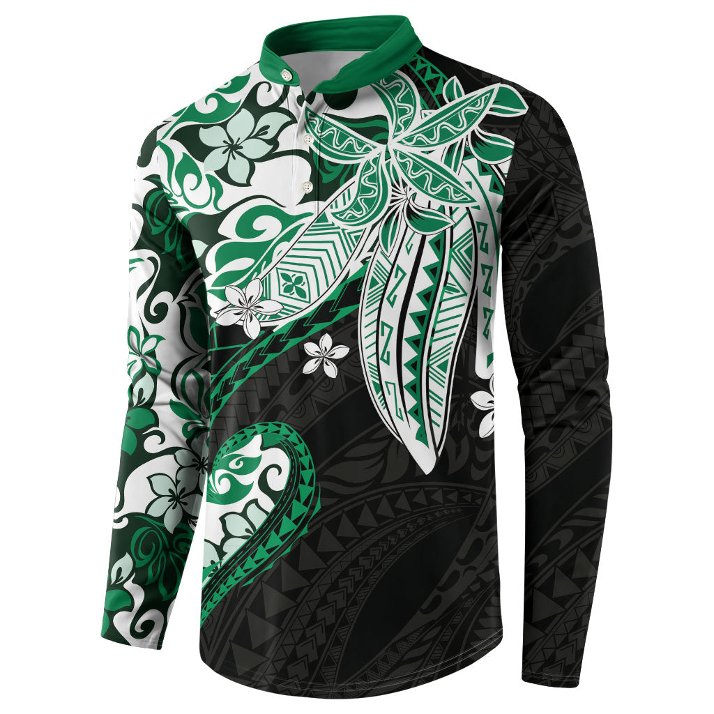 Monstera Plumeria Flowers Green Button Sweatshirt Polynesian Pattern