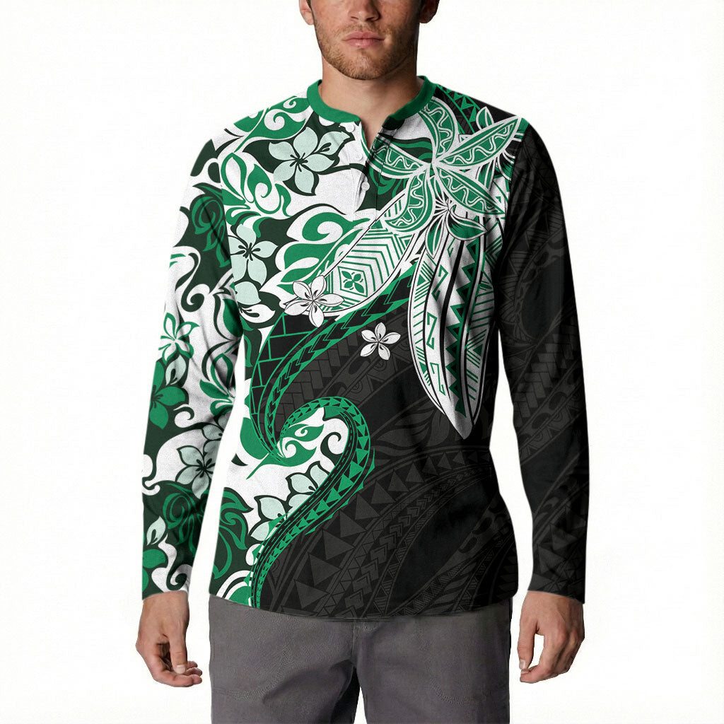 Monstera Plumeria Flowers Green Button Sweatshirt Polynesian Pattern