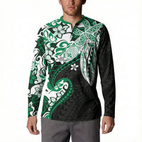 Monstera Plumeria Flowers Green Button Sweatshirt Polynesian Pattern